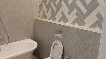 Ducha, secador de pelo, toallas, jabón