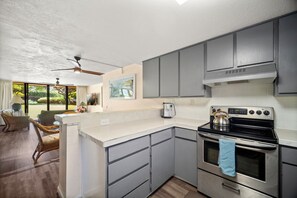 Fridge, microwave, oven, coffee/tea maker