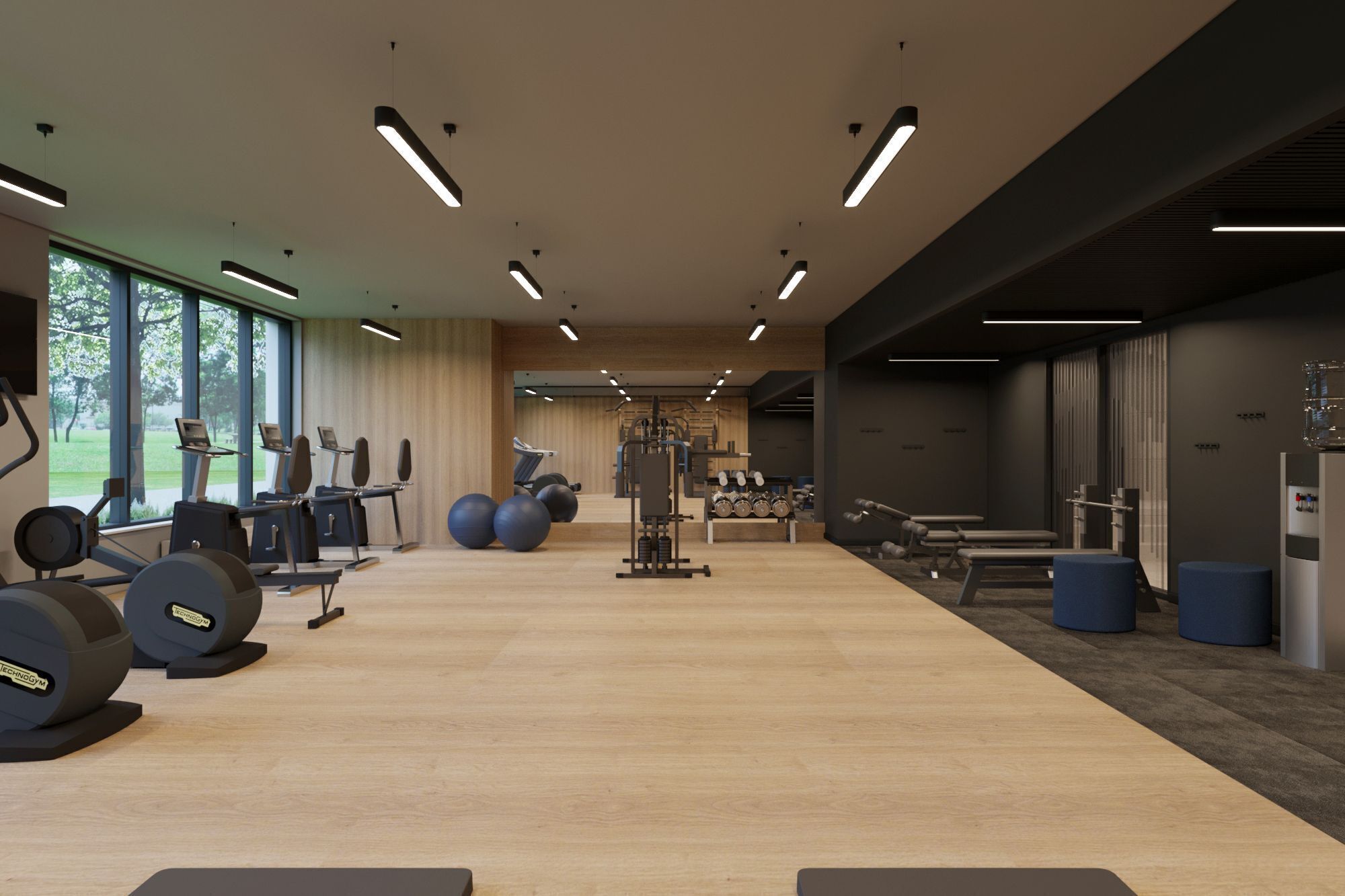 Un gimnasio moderno con máquinas de cardio, pesas y balones de ejercicio.