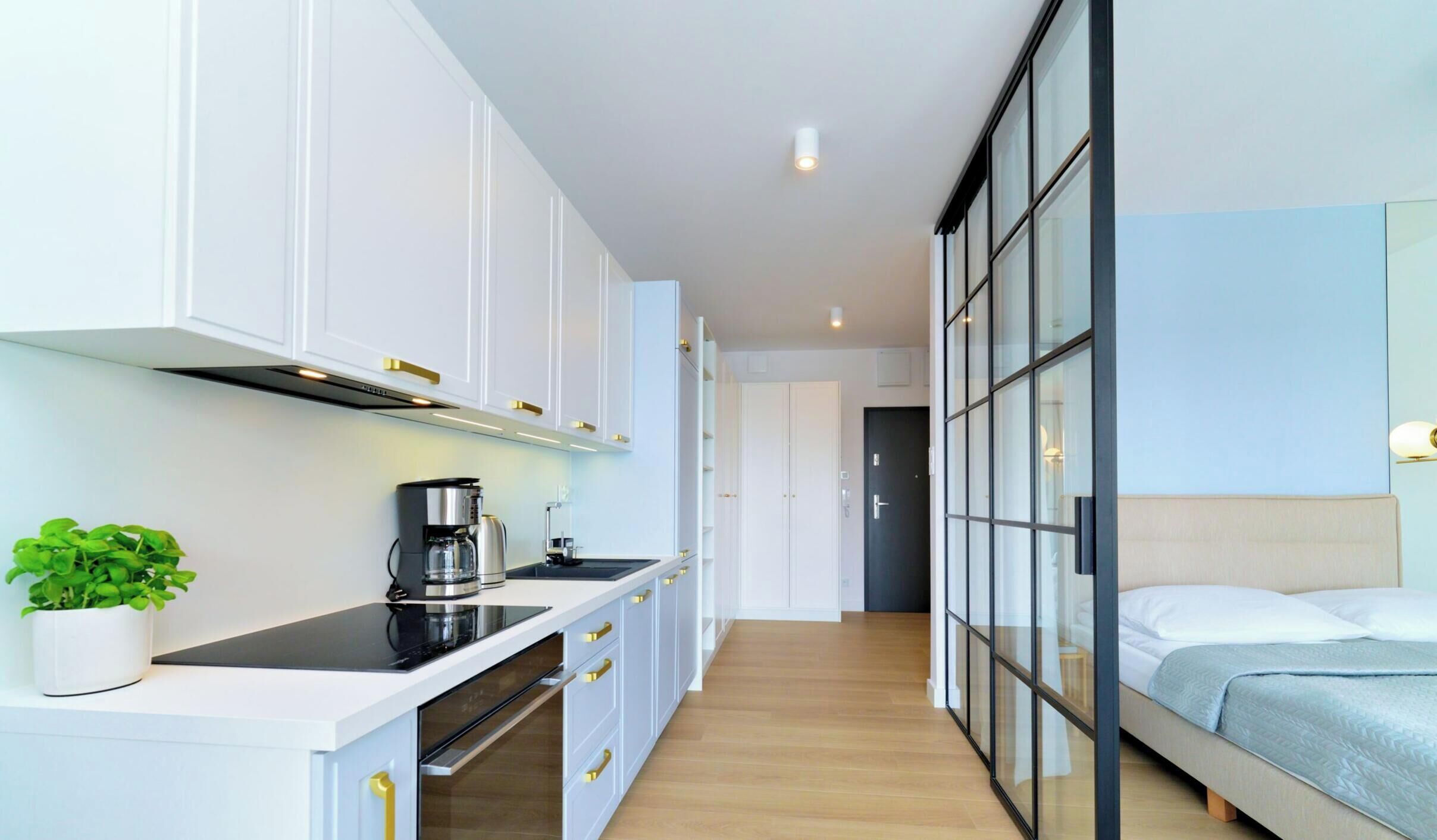 A modern kitchen with white cabinets and a black countertop, a coffee machine, and a potted plant.
