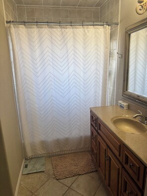 Hair dryer, towels, soap, toilet paper
