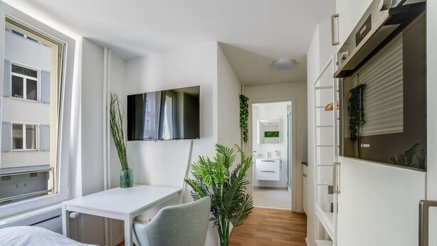Camera d'albergo moderna con un letto, una scrivania, una sedia, una TV a schermo piatto, un frigorifero Bosch e una pianta in vaso.