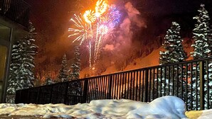 A snowy landscape with a metal fence and snow-covered trees. - Ski-in/ski-out unit 1027 for 4 people @Snowbird for New Year's week, 12/27-1/3 (Snowbird)