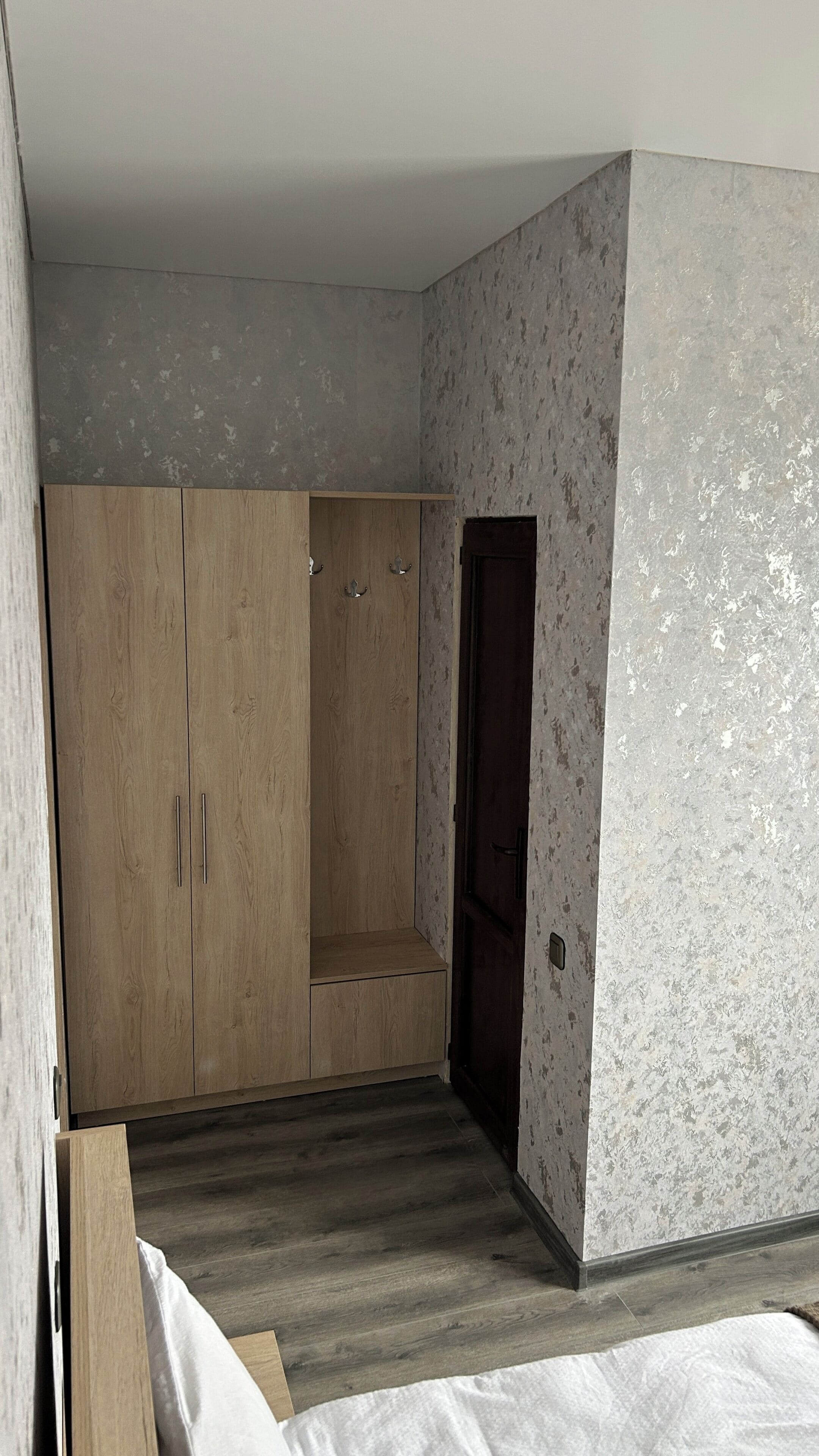 A room with a wardrobe, a door, and a patterned wall.