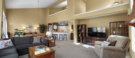 Smart TV, fireplace, table tennis, books