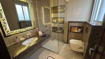 Shower, hair dryer, towels, soap