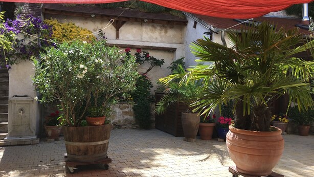 A courtyard with potted plants and a red canopy. - 40-square-meter apartment very close to downtown, 40 minutes from Paris Montparnasse (Épernon)