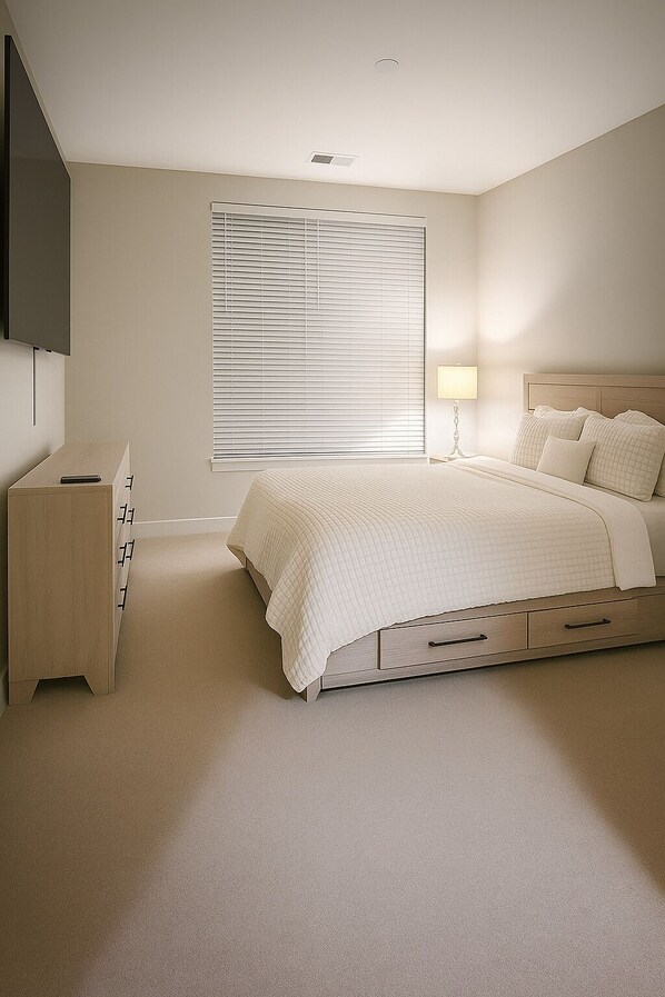 A bedroom with a bed, bedside table, lamp, and a TV mounted on the wall.