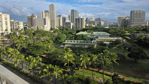 A cityscape with high-rise buildings, palm trees, and a park area. - 10th Fl Inn on the Park | Pool | AC | City & Park View (Honolulu)