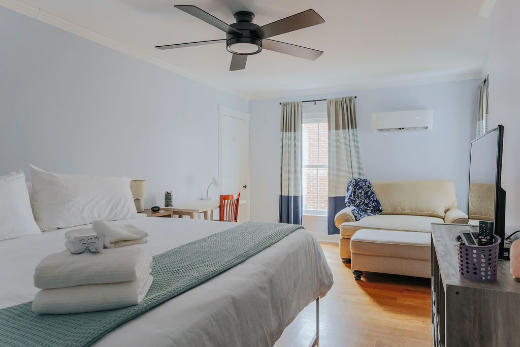 A hotel room with a bed, a desk, a chair, a sofa, a ceiling fan, and a window with curtains.