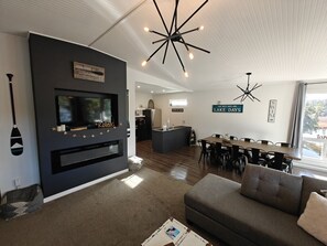 TV, fireplace, DVD player, foosball