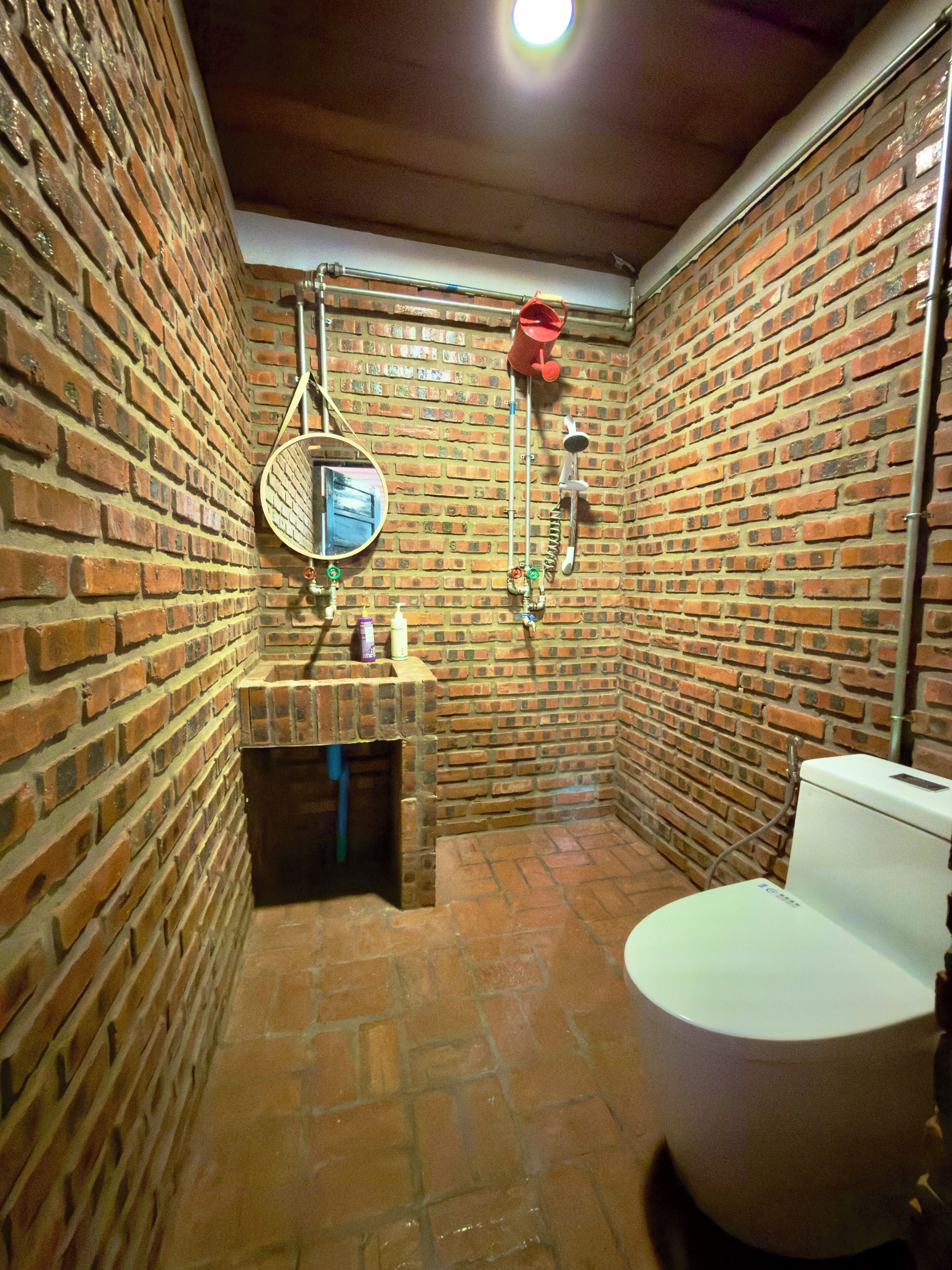 Een kleine, afgesloten badkamer met een bakstenen muur, een toilet, een wastafel met spiegel en een douchehoek.