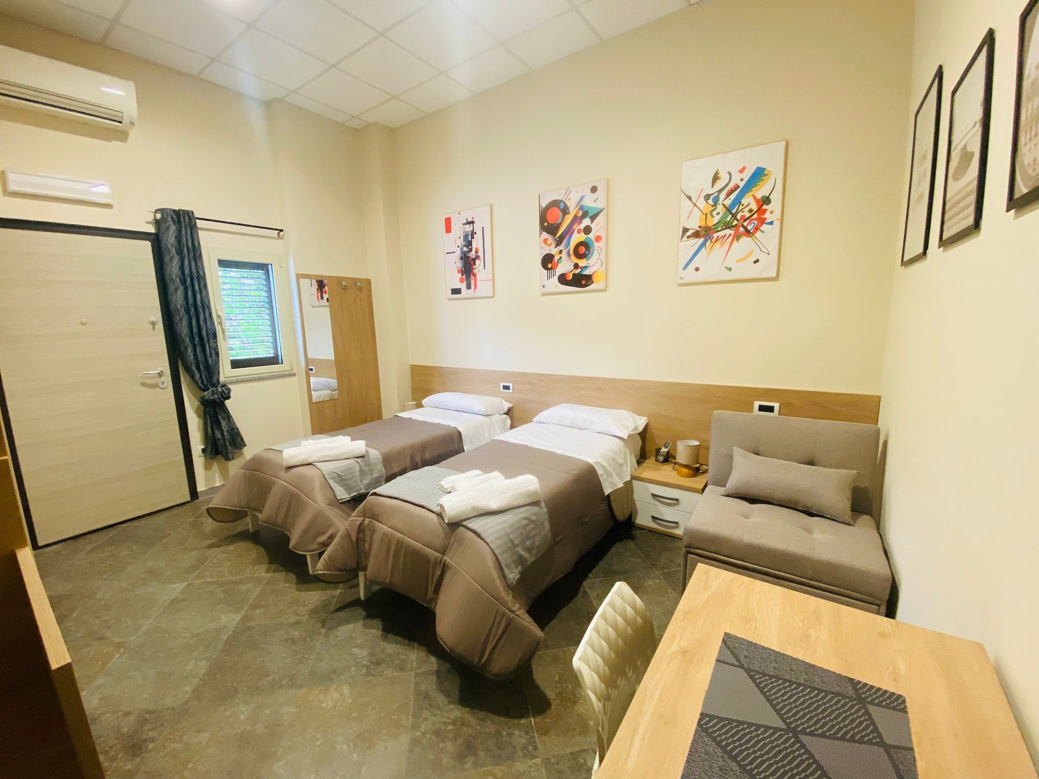 Desk, laptop workspace, blackout drapes, soundproofing