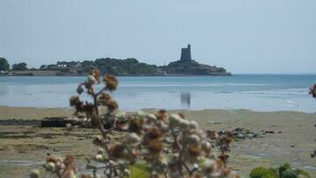 A coastal landscape with a prominent tower on a hill, a sandy beach, and some vegetation in the foreground.