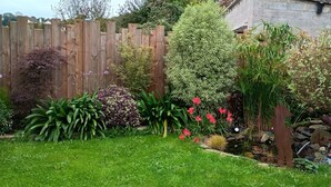 A garden with a wooden fence, various plants, and a small pond. - Cute gîte close to the seaside and D-Day beaches for 2 people (Quettehou)
