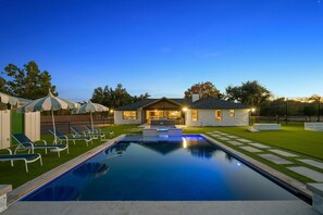 Outdoor pool, a heated pool - Camp Starlight | Luxe Hill Country Villa | Pickleball, Pool, Hot Tub (Dripping Springs)