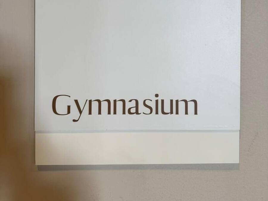 Un letrero con la palabra 'Gymnasium' sobre un fondo blanco.