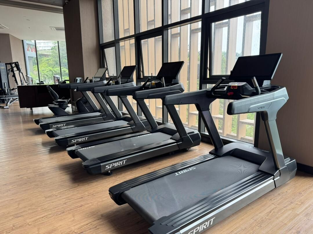 A row of treadmills in a gym with large windows and a wooden floor.