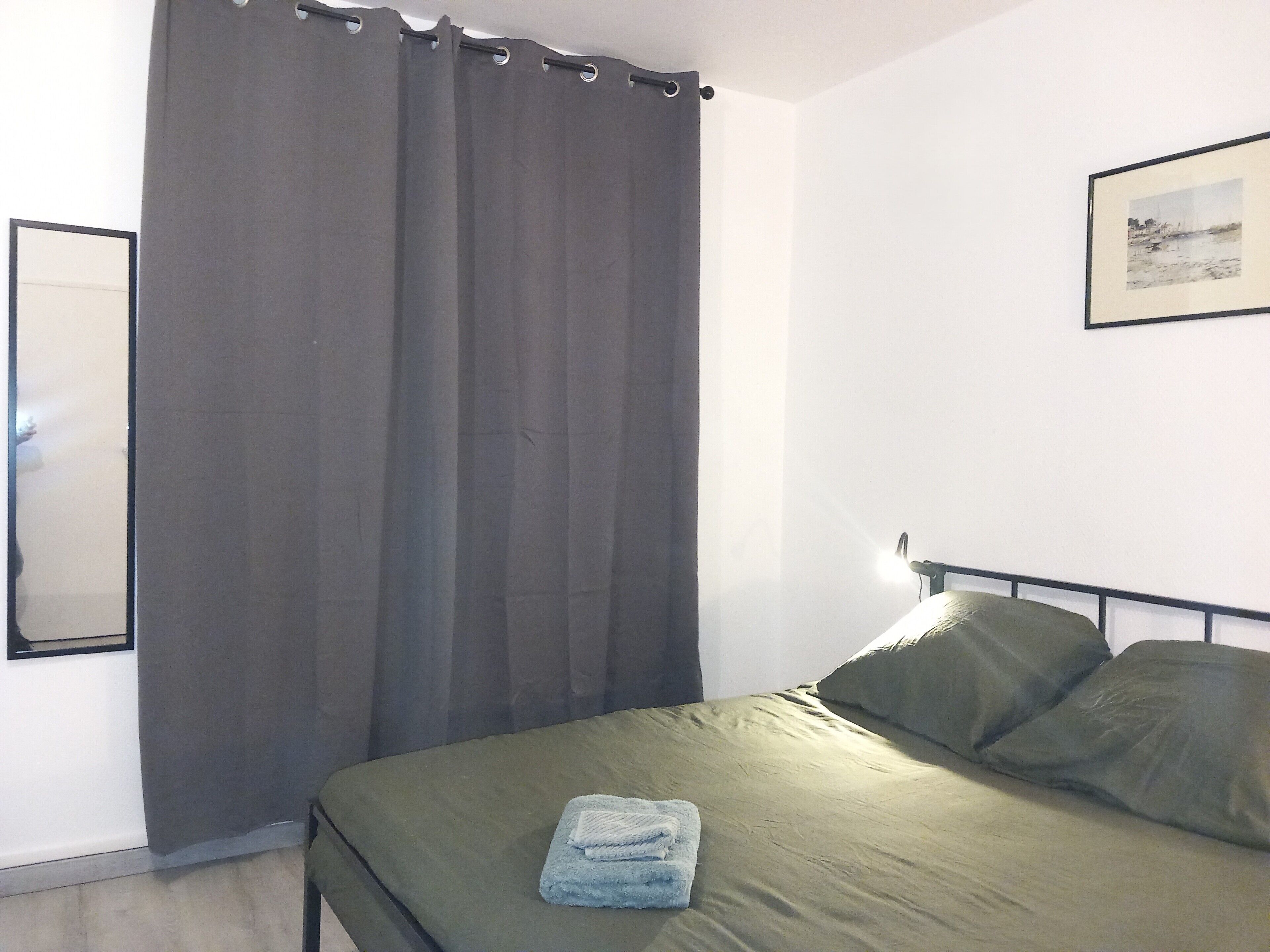A bedroom with a bed, a curtain, a framed picture on the wall, and a mirror.