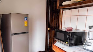 A compact kitchen with a stainless steel refrigerator, a microwave, and a blender on a wooden countertop. - Marte Dream Beach Shelter (Montezuma)