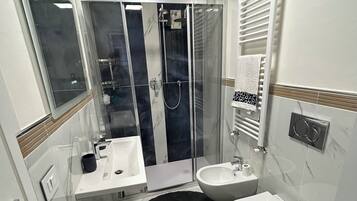 Shower, hair dryer, bidet, towels