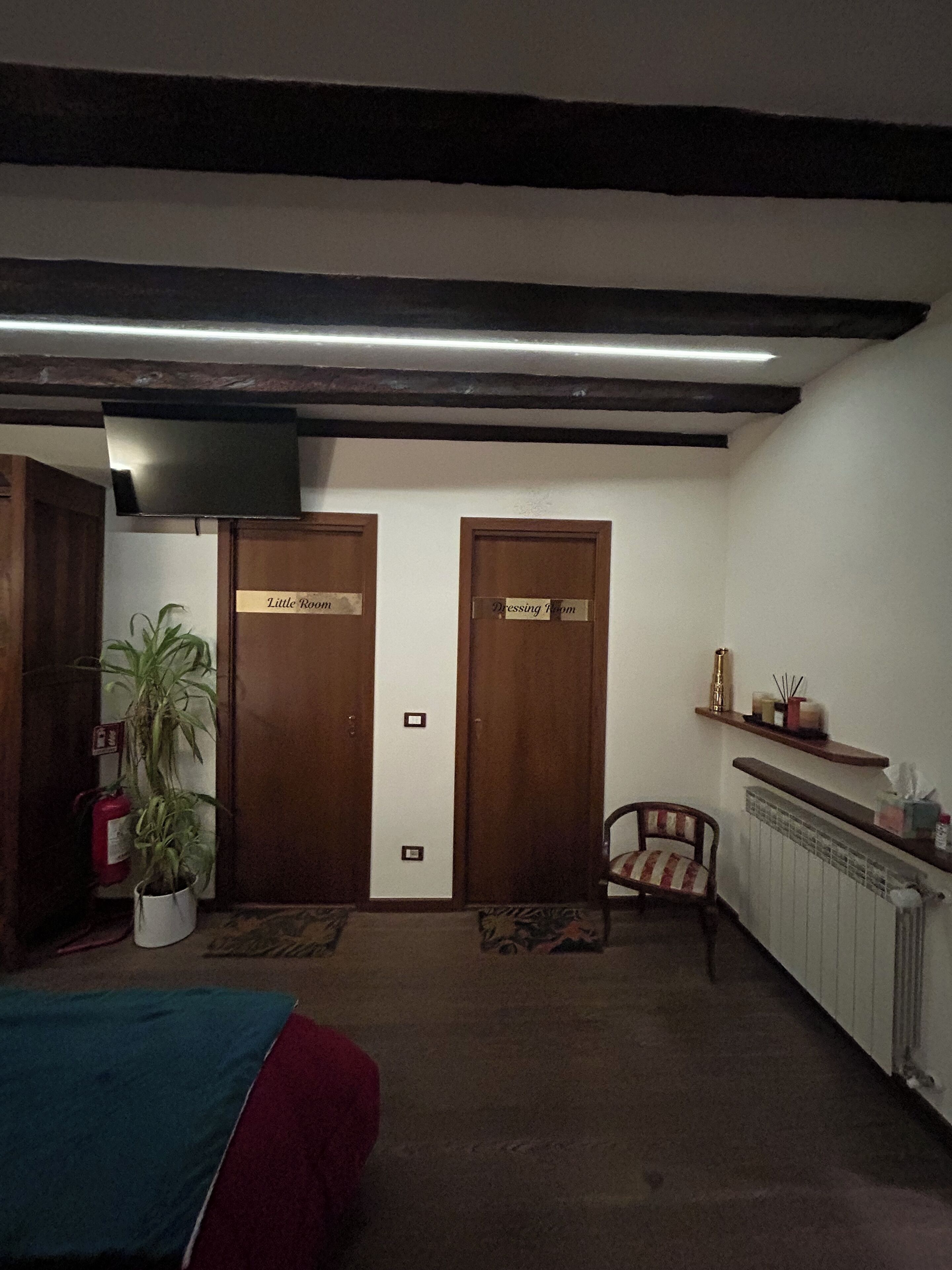 A room with a bed, a chair, a plant, and two doors labeled "Little Room" and "Dressing Room".