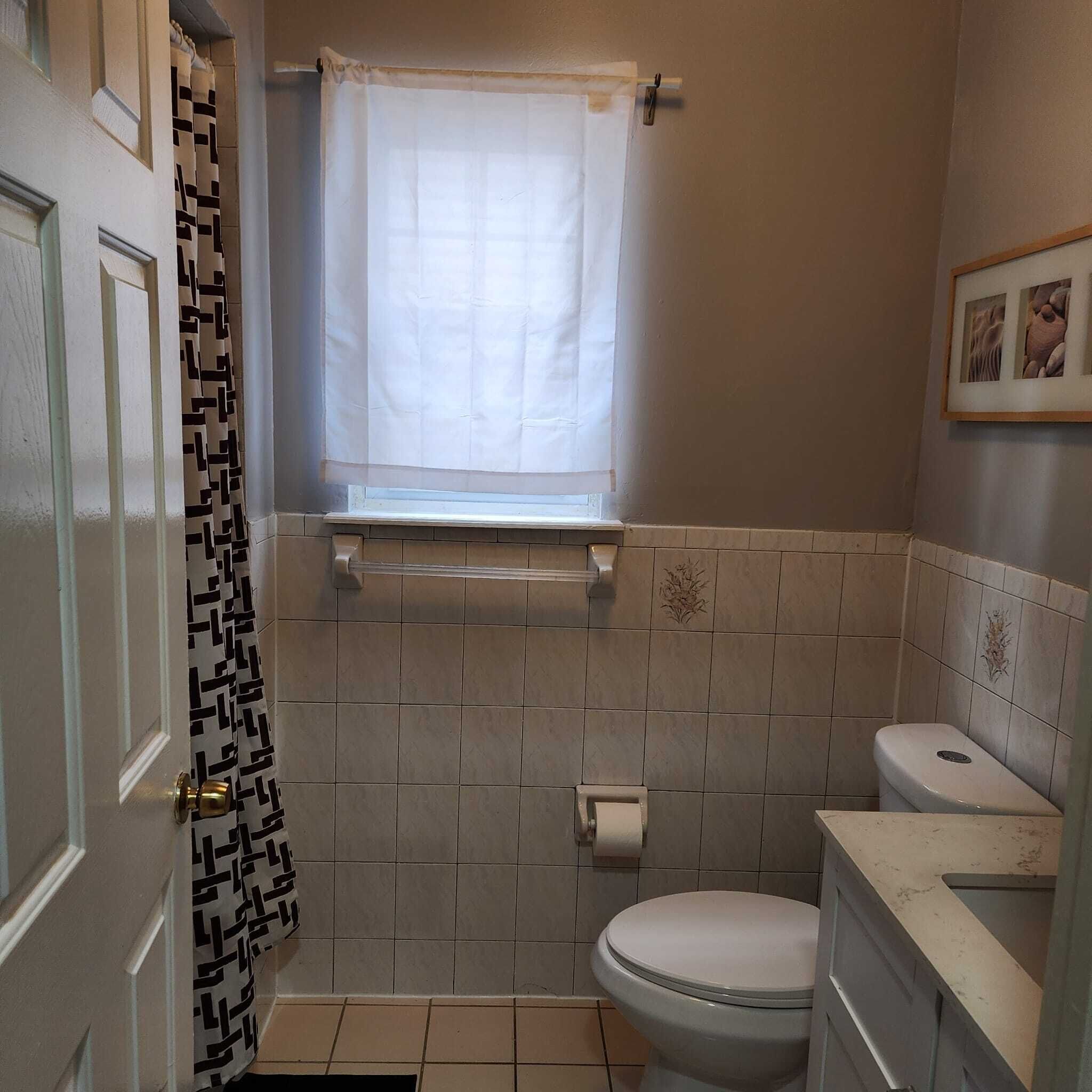 A bathroom with a toilet, a shower, and a window with a curtain.