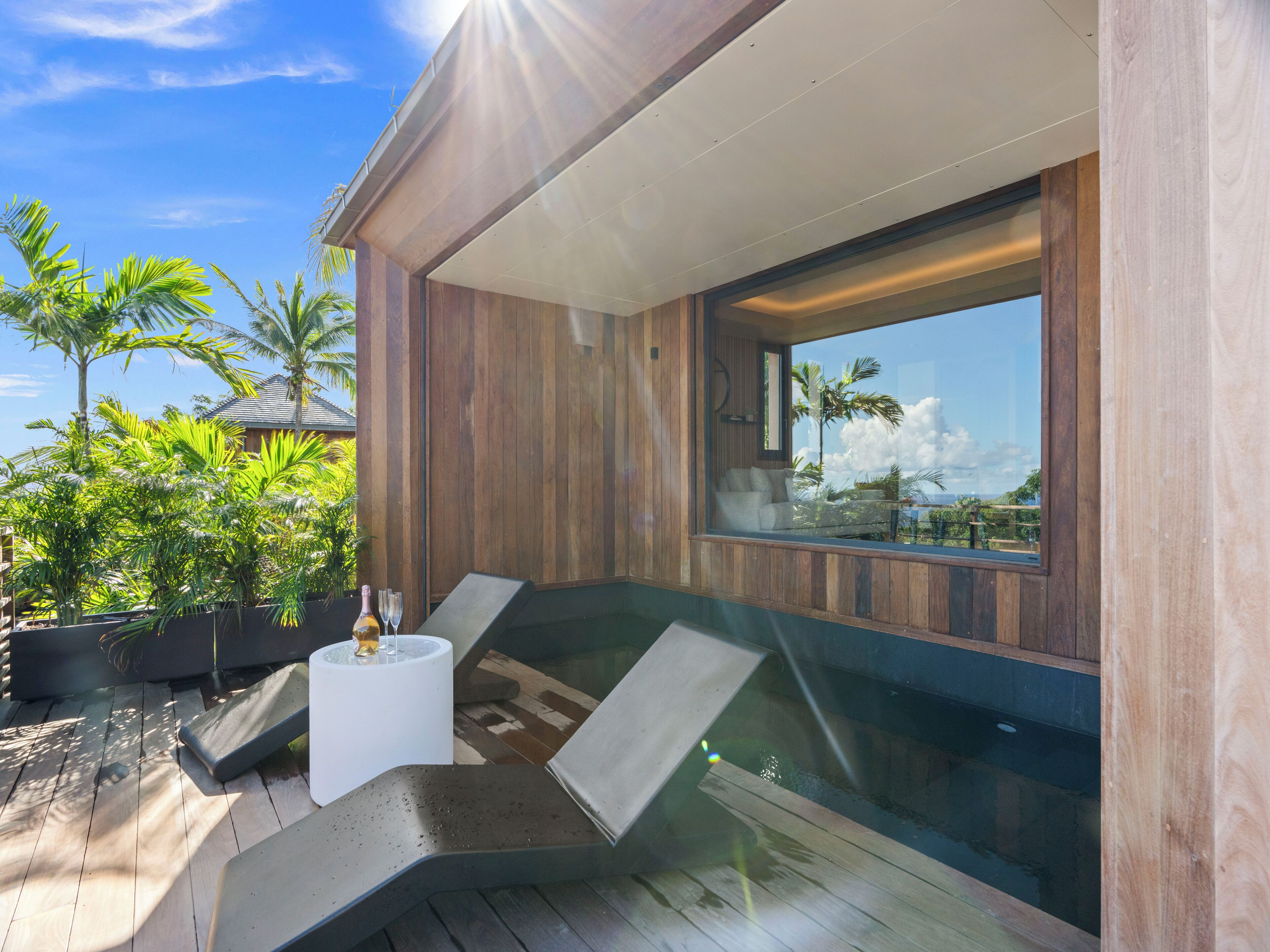 Un área de estar exterior moderna con cerramiento de vidrio, terraza de madera y plantas tropicales.