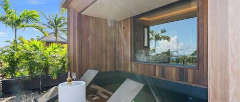 Un área de estar exterior moderna con cerramiento de vidrio, terraza de madera y plantas tropicales.
