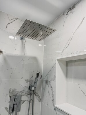 Hair dryer, towels, soap, shampoo