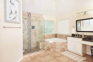 Shower, jetted bath, hair dryer, soap - *Blissful Waterfront Getaway* (Guadalupe County)