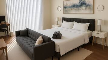 1 kamar tidur, meja kerja, tempat tidur bayi, dan Wi-Fi