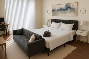 1 slaapkamer, een bureau, reisbedje, wifi