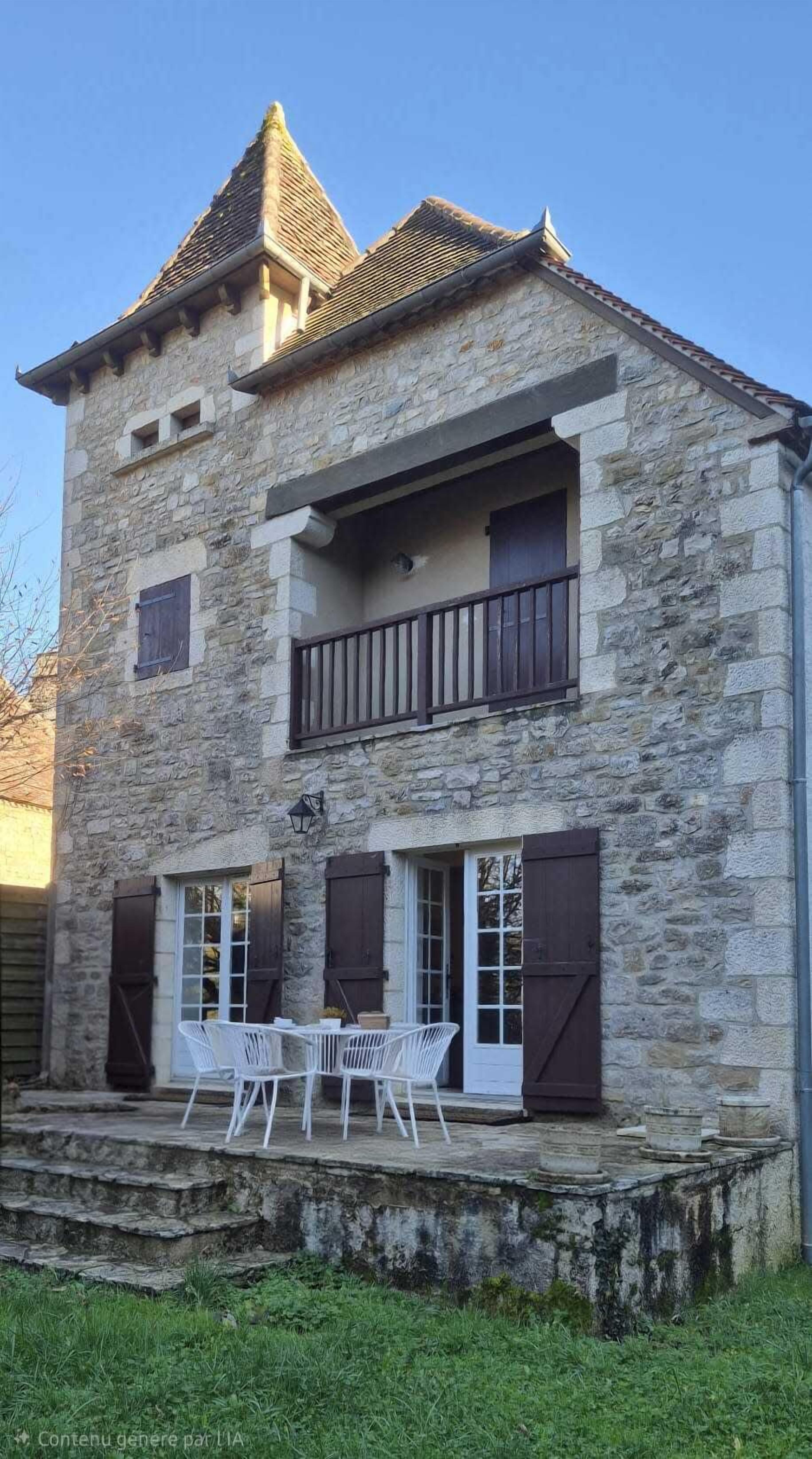 Ein Steinhaus mit Balkon, zwei Fenstern und einer Tür. Vor der Fassade stehen ein Tisch und Stühle.