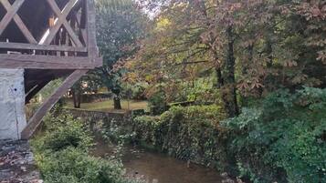 Un pont de bois rustique enjambe un petit ruisseau dans un jardin luxuriant, caractérisé par un feuillage dense et un mur de pierres.