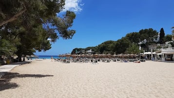 Une plage avec des parasols, des chaises longues et un ciel dégagé.
