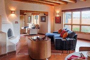 TV connectée, cheminée, livres, médiathèque