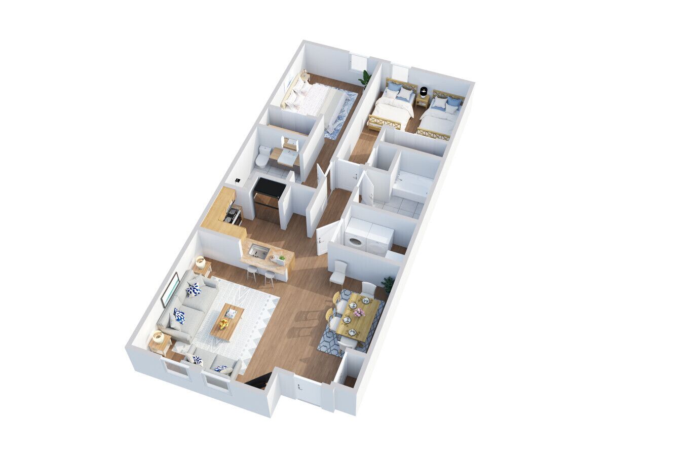 Plano de planta en 3D de una habitación de hotel con cocina, sala de estar con sofá y mesa de centro, un dormitorio independiente con cama y mesita de noche, y baño.