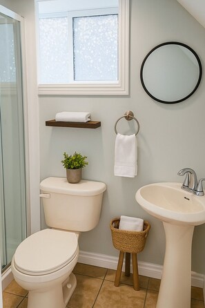 Dusch, hårtork, handdukar och toalettpapper