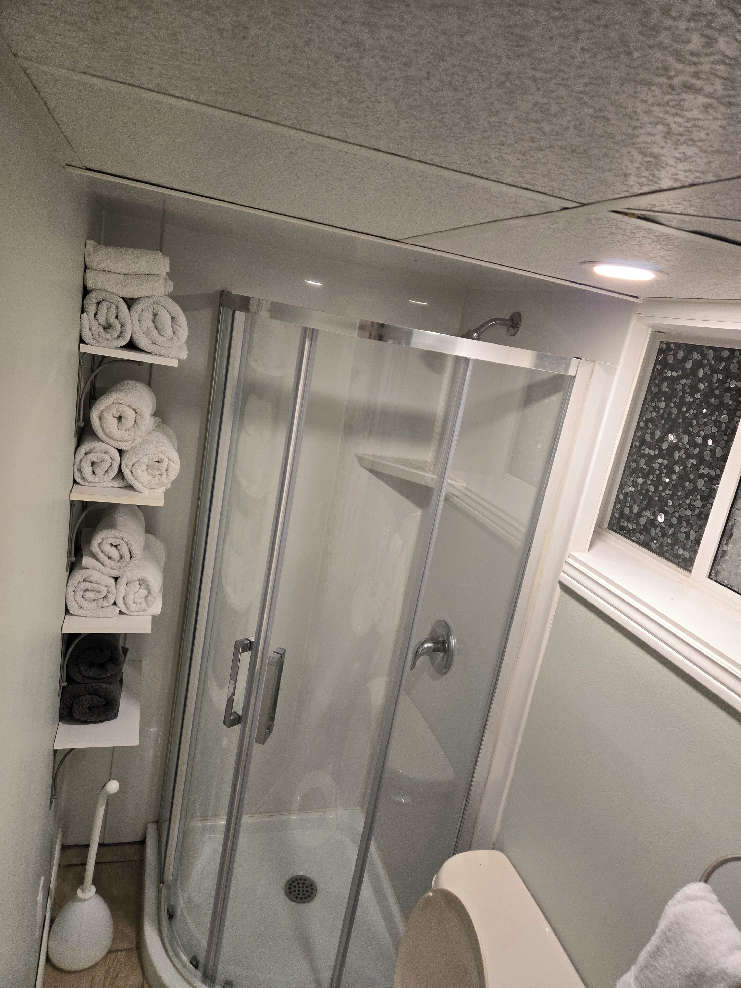 Shower, hair dryer, towels, toilet paper