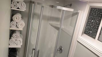 Shower, hair dryer, towels, toilet paper