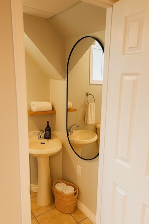 Dusch, hårtork, handdukar och toalettpapper