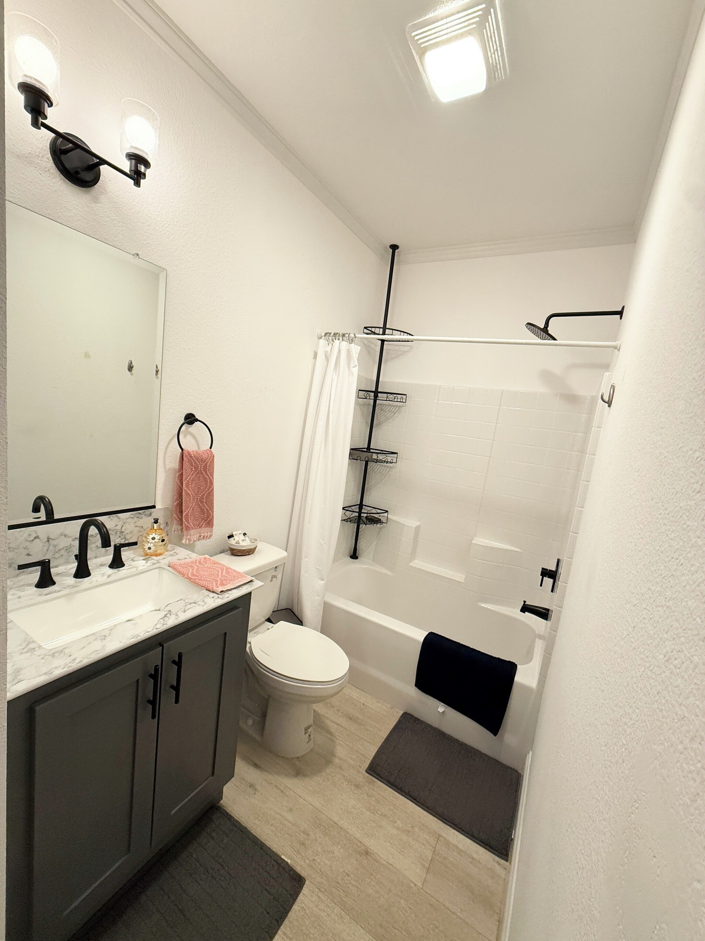 Hair dryer, towels, soap, toilet paper