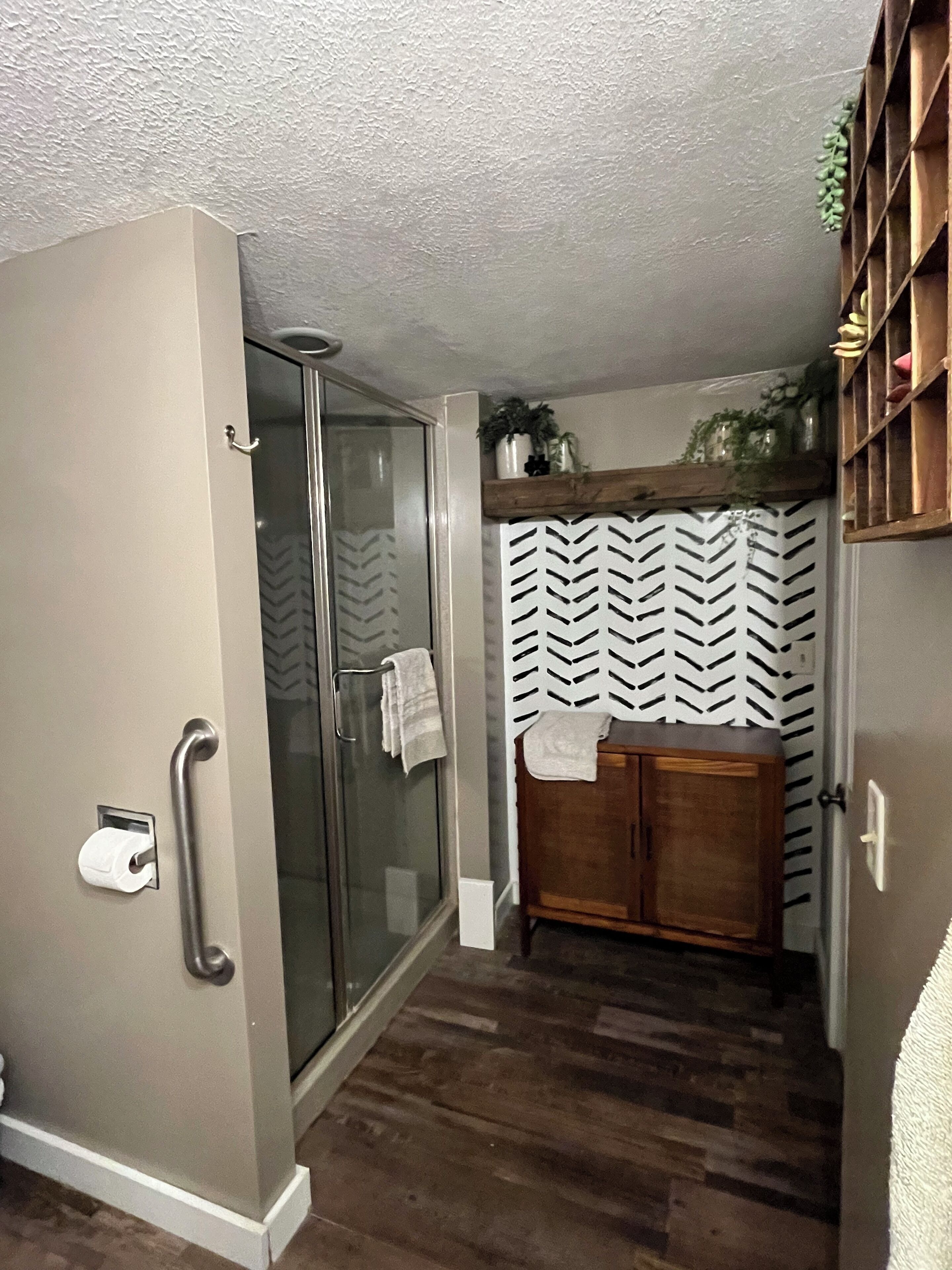 Shower, towels, toilet paper