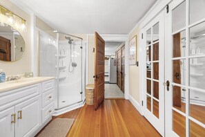 Shower, towels, soap, toilet paper - Coastal Red Farmhouse w/firepit, 5 BR, 8 beds, 1.5 BA, 6 acres, Narragaugus Bay. (Milbridge)