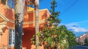 Un quartier résidentiel avec une maison dotée d’un balcon, entourée de palmiers et de diverses plantes.