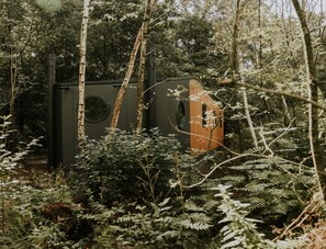 A rustic cabin surrounded by dense forest. - Charming 5-person Bee Lodge in the Woods (Balkbrug)
