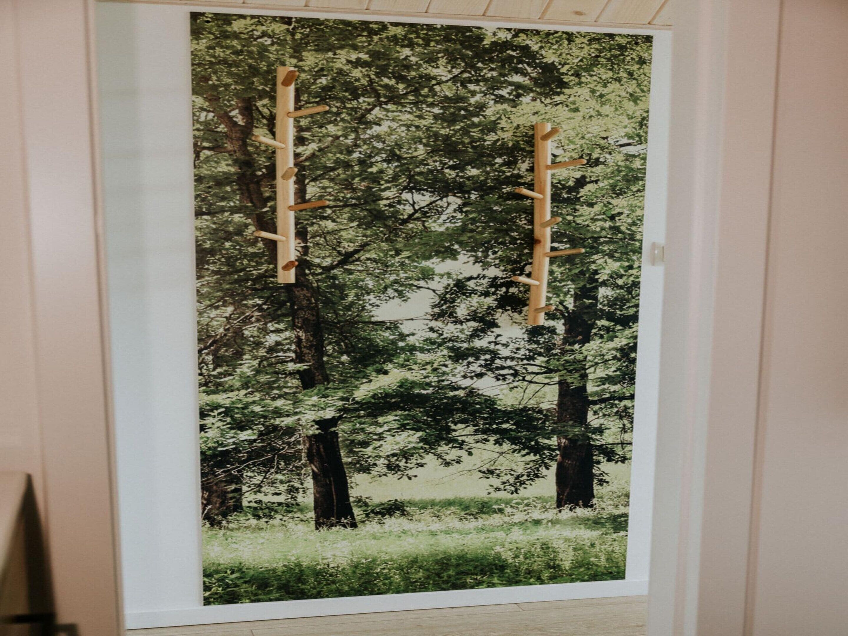 Una fotografia incorniciata raffigura una scena di bosco con due strutture in legno simili a tronchi d'albero.