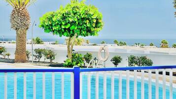 Un área junto a la piscina con vista al mar, una palmera y un pequeño jardín.