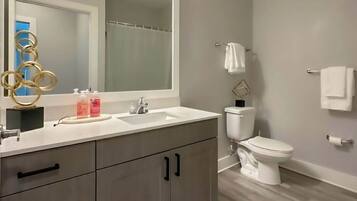 Hair dryer, towels, soap, toilet paper